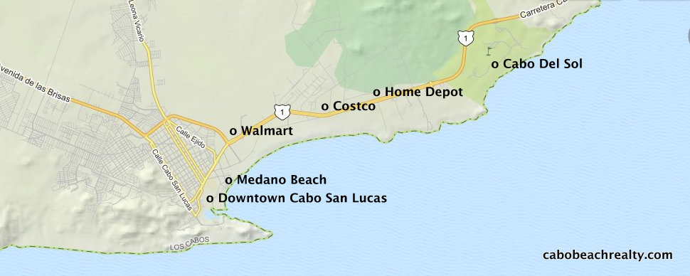 A map of Cabo Del Sol, in proximity to local shopping and downtown